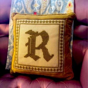 Vintage mustard “R” embroidered pillow